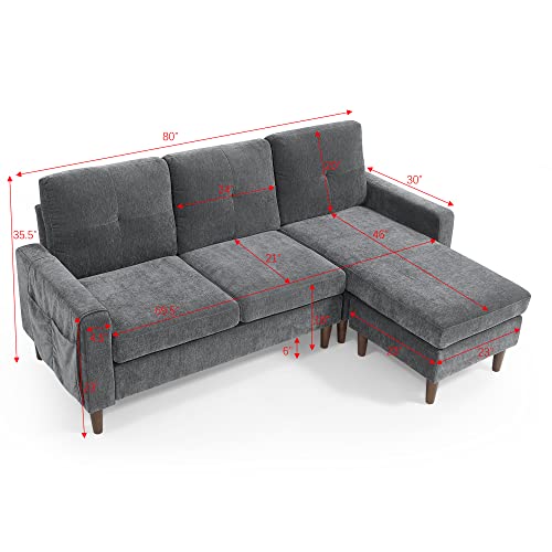 80"Couches For Living Room,Convertible Sectional Sofa Couch,Sofa Bed With Removable Cushions And Pockets,3 Seats L-Shape Sleeper Sofa For Apartment,Office,Bedroom Loveseat Sectional Sofa(Dark Grey) #TOP1