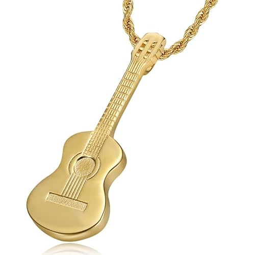 LE BAGACIER - Pendentif Collier Guitare Classique 6 Cordes Gitan Acier Inoxydable Or Chaîne torsadée