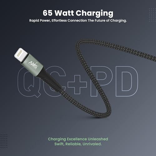Image of AMS 65 Watt Lightning Cable 1 m Fast Charging Cable Compatible with i Phones /Tablets, 480mbps Data Transfer Speed (Compatible with iPod, iPad Mini, iPhone 5 /5s /5c /SE /6 /6s /plus, Black, One Cable)