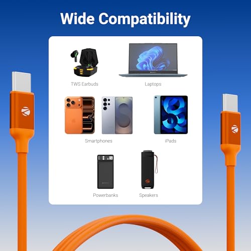 Image of Zebronics Type C - Type C Cable, 60 Watts, Upto 480Mbps Data Sync, Fast Charging, 1 M, Compatible with iPhone 15 & 16 Series, iPad, MacBook, Samsung, Android (Wattz 60CC6, Orange)