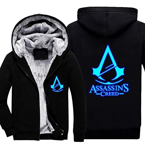 Photo de Hommes Zipper Up Sweats à capuche Assassin Creed Winter Fleece Jackets Youth Manches longues Sweat-shirt Luminous Warm Thick Hooded Tops Hommes Manteau thermique,Black-Aldult M