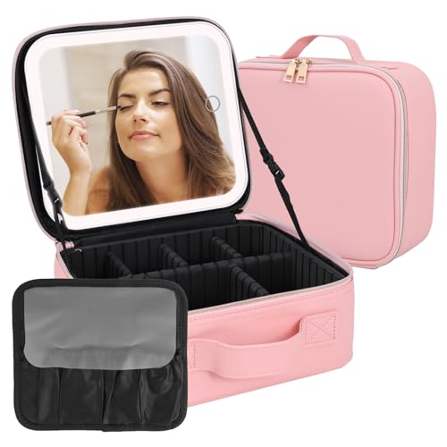 Makeup Case with LED Mirror,Makeup Organizer Bag Travel Makeup Case Large Makeup Bag With Rechargeable Mirror 3 Color Lights Detachable Mirror for Women Beauty Tools Accessories（Pink）