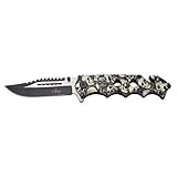 THIRD Navaja 17141G Mango de Aluminio Recubierto en Camo patrón de Calaveras Gris, Hoja de 10 cm Satinada con patrón Rasgado Horizontal, con Clip, Herramienta para Uso Deportivo, Pesca y Caza