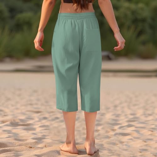 Capri Pants for Women Linen Casual Summer 2025 Straight Leg Pant Loose Drawstring Elastic Waist Cropped Trousers4
