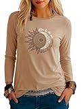 Baumwolle+Polyester+Elasthan Teesho Damen Tshirt Langarm Rundhals Oberteile Basic Shirts Casual Longshirt Drucken Pullover Herbst Tops Tunika（Braun/XL