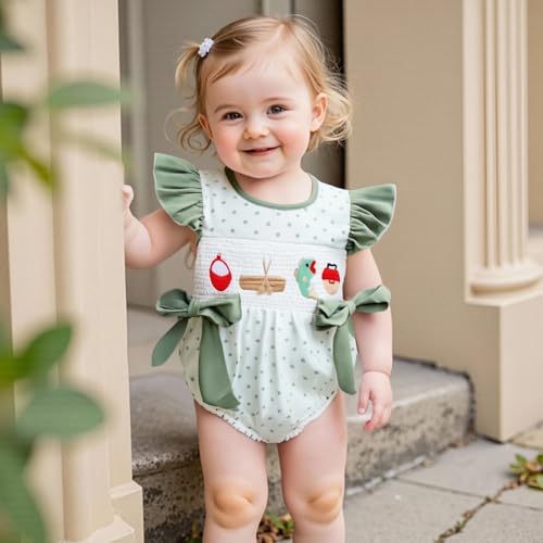 Newborn Baby Girl Fishing Outfit Dot Print Flying Sleeve Fish Embroidery Bubble Smocked Romper Infant Summer Clothes4