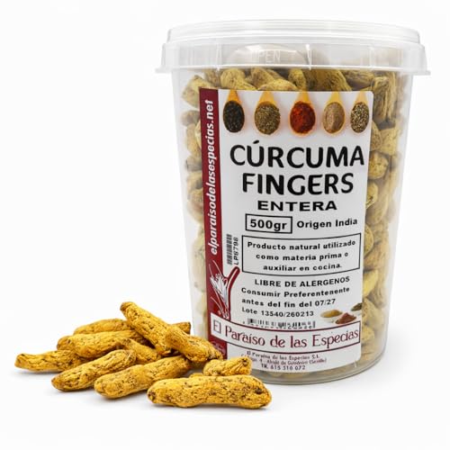 Cúrcuma Fingers Entera – 1 Bote de 500 g – Raíz de Cúrcuma Natural Seca – Origen India – Especia para Cocina, Infusiones y Molido