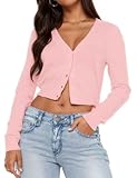 LEEDYA Women's Long Sleeve Open Front Cropped Lightweight Cardigan Sweater Button Down Shirt 2025 Fall Tops Pink M