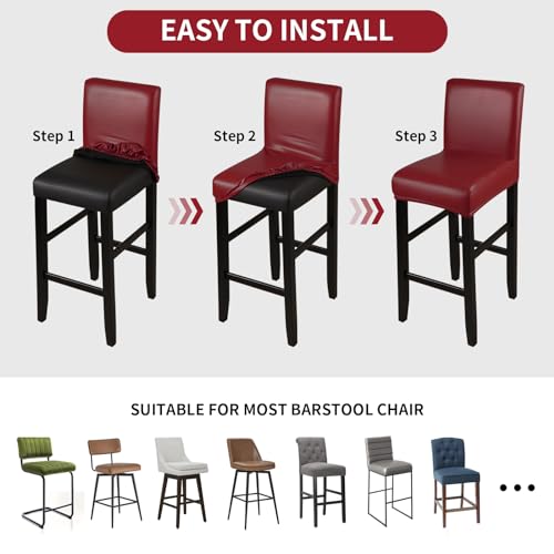 Image of YISUN Bar Stool Covers, Stretch Waterproof PU Bar Stool Slipcover Removable Washable Bar Stool Chair Covers, High Chair Cover with Elastic Bands (4 Pack, Red)
