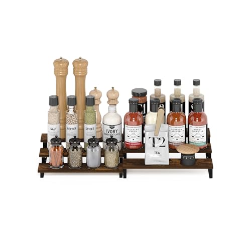 Image of Furinno RAVEL Kitchen Countertop Organizer Set of 2, 3-Tier Counter Shelves, Kitchen Storage, Expandable, Spice Rack, for Pantry, Coffee Bar, Amber Pine