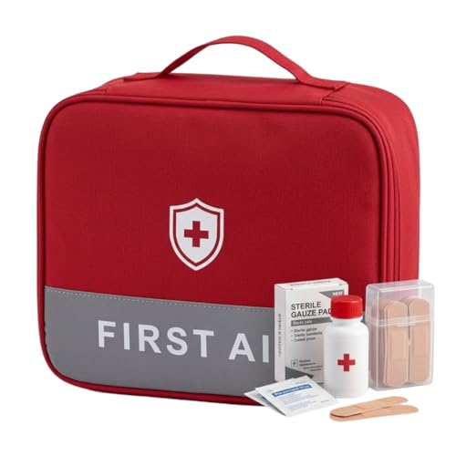 Bolsa de Remedios e Primeiros Socorros 24x20x10cm Necessaire Emergencia com Divisorias Internas com Tela e Alca de Mao Poliester Resistente Ideal para Viagem Casa e Carro (Vermelho)