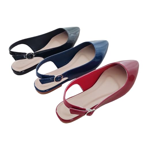 Womens Patent Leather Pointed Toe Slingback Flat Pumps Classic Backless Ankle Strap Closed Toe Low Heeled Dress Shoes for Part Wedding Prom Date 6