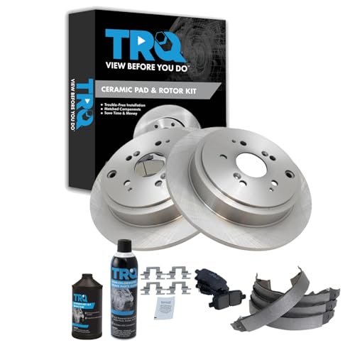 Image of TRQ Rear Brake Pad & Rotor Kit, with Chemical Kit Parking Brake Shoe Set Ceramic Compatible with 2003-2008 Honda Pilot