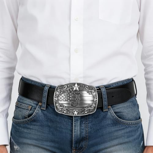 Image of Western Belt Buckle for Men Vintage Cowboy Rodeo Texas Initial Letter ABCDJMR to Z Belt Buckles