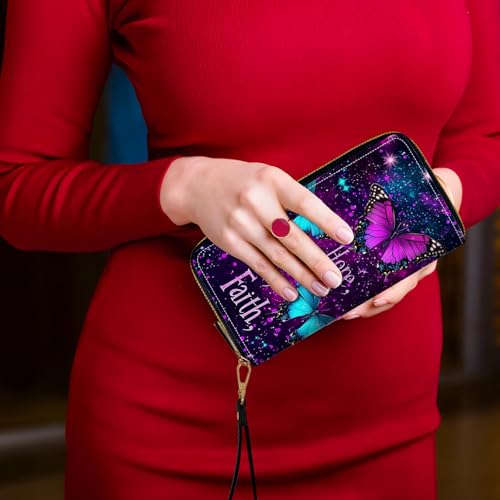 Women's Card Holder Wristlet Wallet, Convenient Travel Long Wallet with Strap and Pink Compact Mirror, Fashion and Sturdy Wristlet Long Purse for Women, Purpul Butterflies2