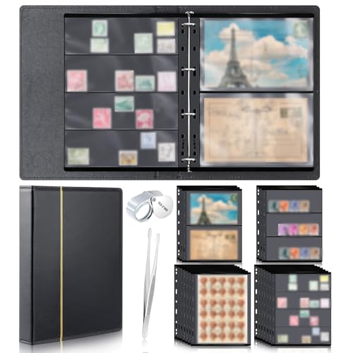 Lewtemi Stamp Collecting Albums Set Stamp Collection Book Include 20 Pages Album Binder Tweezer and Loop Magnifier Collecting Supplies for Collectors(Black,1/2/3/4 Rows)