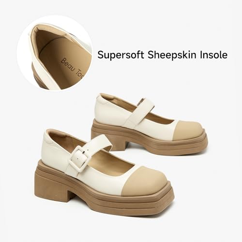 Image of BEAU TODAY Women's Beige Mary Jane Pumps, Size 12, Casual Dress Shoes for Women, Spring /Autumn /Fall, Platform Heel, Leather Sole