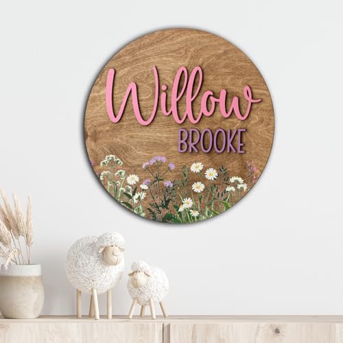 Personalized Wooden Name Sign, Custom Wildflower Nursery Sign, Round Name