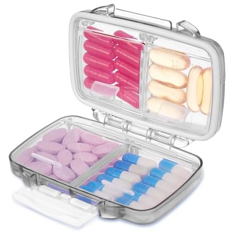 Fullicon Travel Pill Organizer, 4 Compartments Portable Pill Case, Moisture Proof Small Pill Box with Labels, Travel Pill Case with Double Lock, Pocket Pharmacy for Vitamin D3 & Fish Oil (Grey) Cover