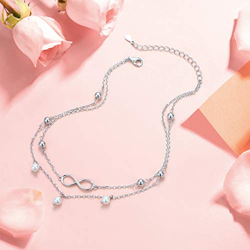 Flyow Anklet For Women S925 Sterling Silver Adjustable Foot Beaded Pearl Infinity Girls Ankle Bracelet Anklets Jewelry #TOP1