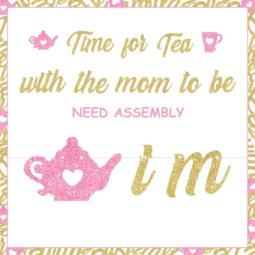 Image of Cheereveal Pink Gold Glitter Tea with Mom to Be Banner, Vintage Teacup Teapot Printed Sign for Afternoon Tea Baby Shower Pregnancy Announcement Gender Reveal Party Decorations Supplies