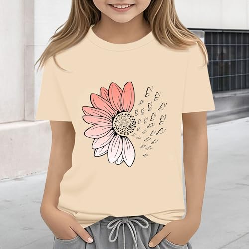 Girls Loose Fit Sunflower Graphic T Shirts Short Sleeve Crewneck Cute Pattern Printed Tops Kids (B-Beige, 2-3 Years)4