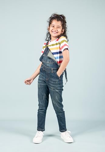 Image of Tweeny Mini Girls Pure Cotton Denim Dungaree for Kids | Relaxed Fit Full Length Overall Outfit with Pockets | Adjustable Straps