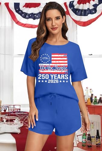Image of VILOVE 4th of July 2 Piece Sequin Outfits Women 250 Anniversary Usa Shirts and Short Sets Casual Patriotic Shirt Summer Set