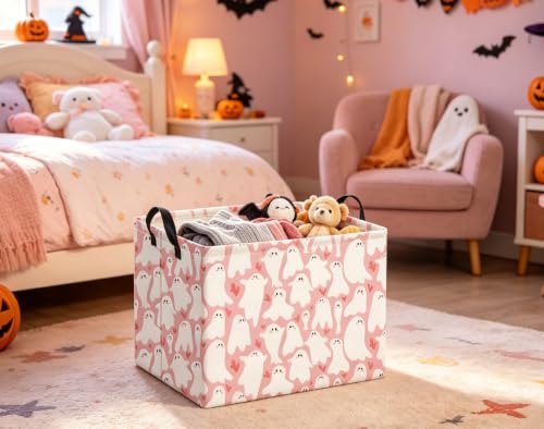Image of Halloween Basket Cute Baskets for Kids Pumpkin Basket Rectangular Storage Bin Organizer Box Room Decor(Pink Cute Ghost)