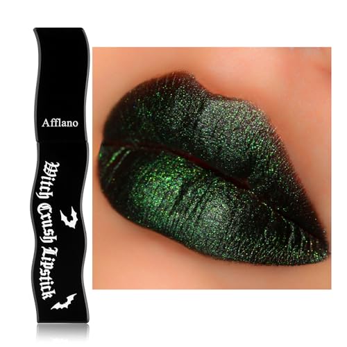 Goth Green Shimmer Lipstick - Matte Black Base with Wicked Green Sparkle Highly Pigmented Long Lasting Velvet Gothic Lip Gloss Moisturizing Non-Sticky Lip Stain for Daily Witch Cosplay Vegan #09