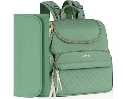 LASUK Diaper Bag Backpack, 22L Large Quilted Small Baby Bag with Changing Pad & Pacifier Case, Stroller Hooks, Easy-Access Baby Essential, Maternity Travel Backpack Unisex, Green