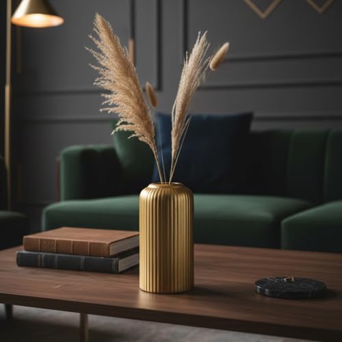 Image of KREATIVE ART'S Modern Ribbed Design Ceramic Flower Vase for Living Room, Flower Pots for Artificial Flower, Home Decoration Item, Home Decor, Vases for Living Room (Gold, Small)