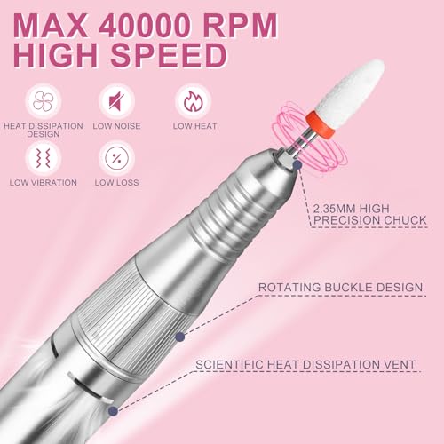 40000RPM Electric Nail Files Professional,Urbuti Portable Nail Drill Machine for Acrylic and Gel Nails,Rechargeable Electric Manicure Pedicure Set including 12 bits LCD Display for Home Salon (White 1) - Image 4