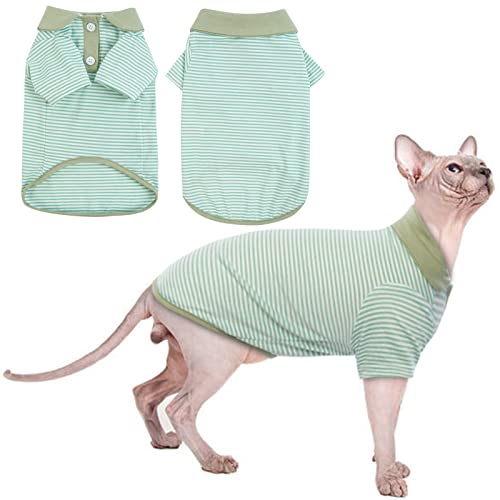 Camiseta para gatos sin pelo, ropa para gatos, ropa de dormir a rayas, para todas las estaciones, con mangas, transpirable, suave y agradable para la piel (verde, L) Cover