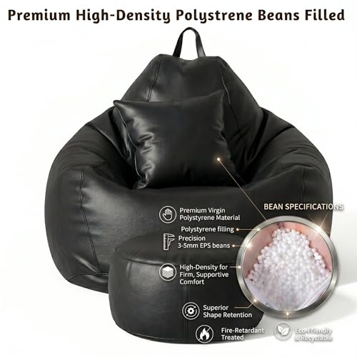 Image of KAM'S LIEU Bean Bag Chair with Footrest & Cushion | Pre-Filled Beans | PVC Leatherette Lounger Sofa | Indoor & Outdoor Bean Bag | 6 Months Warranty Size & Color- (Black, XXXXXL, Premium)