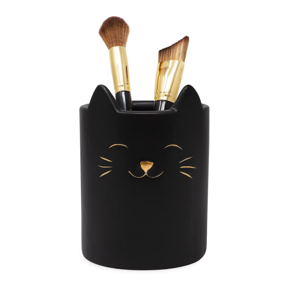 Isaac Jacobs Black Ceramic Cat Makeup Brush Holder, Multi-Purpose Cup Organizer. Bathroom, Kitchen, Bedroom, Office Décor (Single Cup, Matte Black)