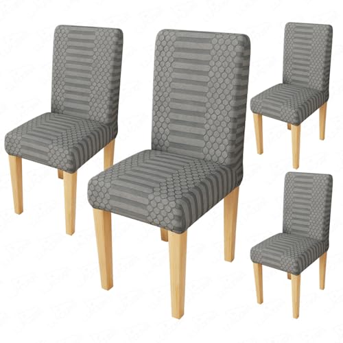 Image of Lukzer Elastic Dining Chair Cover - 4PC Pastel Dark Grey Dotted Stripe | Textured High Stretch Jacquard Seat Cover | Removable Washable Short Dining Chair Cover Protector Seat Slipcover | (CC-133-04)