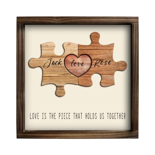 Kas Home Love, The Piece That Holds Us Together - Personalized Name Puzzle Wooden Framed Sign Couples Gifts for Boyfriend Girlfriend Anniversary Valentine's Wedding Gift