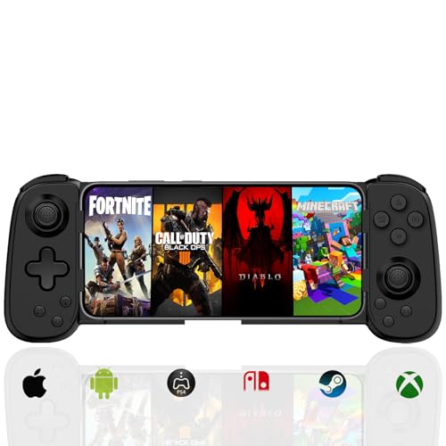 Wireless Controller for iPhone/Android, MFi Bluetooth Mobile Game Gamepad for iOS/Switch Remote/Lite/PC/PS/Cloud Gaming Stretchable Joystick for iPhone 15 14 13/Plus/Pro/Max, Direct Play (Black)