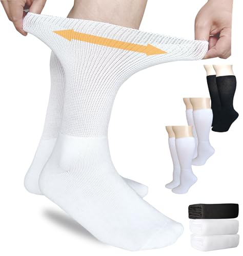 COIYUFUX Diabetic Socks for Women,3 Pairs Non Binding Crew Bariatric Sock for Men Size 9-12 Sensitive feet Walking Boot Liner Over Calf