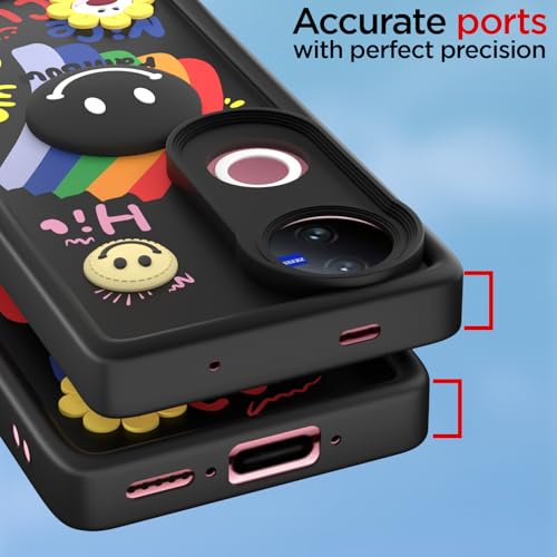 Image of Pikkme Back Cover for Vivo T4R 5G / iQOO Z10R 5G / Vivo V50 5G / V50e 5G | Soft Silicone| Cute Rainbow Smile & 3D Cartoon Flower Design | Shockproof Raised Camera Protection Bumper Case (Black)