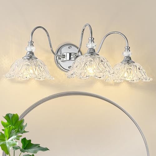 Image of Brushed Chrome 3-Light Bathroom Vanity Light with Floral Clear Glass Shades, Modern Wall Mount Lighting for Bathroom, Dressing Table