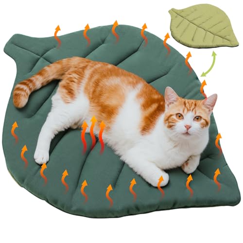 Oudain Self Warming Cat Bed Mat 26 x 20 Inch Leaf Shaped Self Heating Pad Blanket Pet Cotton Thermal Warm Soft Pad Mat for Feral and Indoor Cats Dog, Washable Kitty Puppy Mattress for Home Sofa Crate