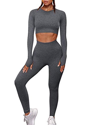 OYS – Conjunto de 2 peças para ioga, sem costura, cintura alta, calça legging esportiva, Grey2, Medi