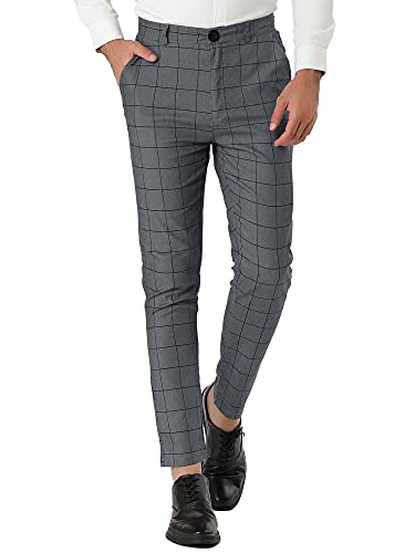 Lars Amadeus Pantalones de vestir a cuadros para hombre, corte ajustado, parte delantera plana, con bolsillo, gris, 44
