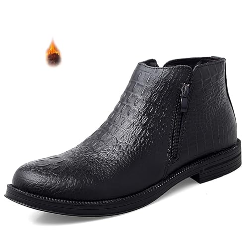 Image of Men's Genuine Leather Alligator Printed Low Heel Ankle Boots Fashion Round Toe Side Zipper Business Dress Booties for Office Work