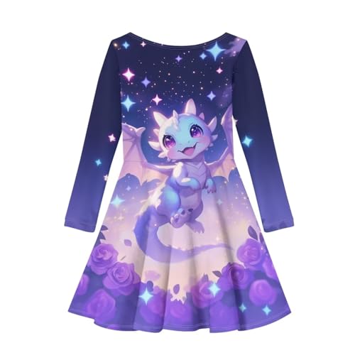 Cute Dragon Dresses for Kids Girl 4-14T Long Sleeve Midi Dress Fall Casual Dresses 2025 Round Neck Sundress2