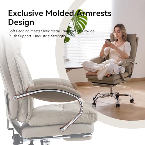 Image of LEAGOO Office Chair with Foot Rest, Executive Reclining Office Chairs with Arms, Ergonomic High Back PU Leather Comfy Swivel Computer Desk Chairs with Wheels and Lumbar Support for Home Office, Tan