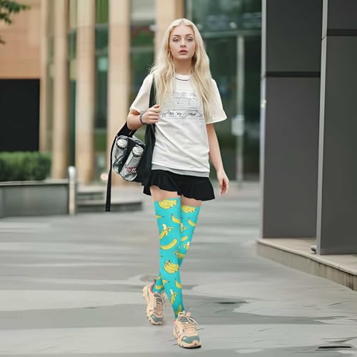 Women Girls High Thigh Socks Tropical Fruit Banana Pattern Over Knee Thin Tights Long Stocking Yellow Blue 7