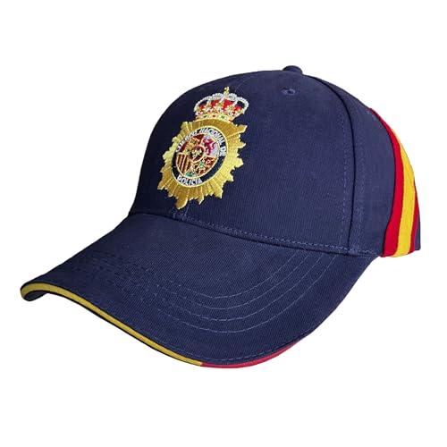 Gorra Policía Nacional Española,Cinta Bandera de España, Ajustable,6 Paneles 100% algodón Peinado,Hombre Beisbol,Golf, Pádel, Deportiva,Tenis y Uso Diario (FR/ES, Letras, Talla única, Azul marino)
